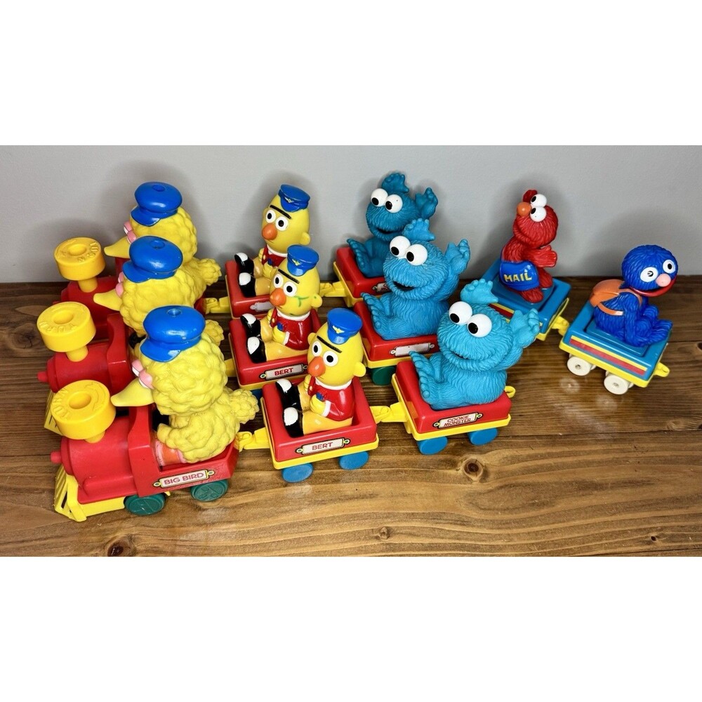 (3) Vintage 1989 Sesame Street Wind Up Toy Train illco Big Bird Cookie Monster